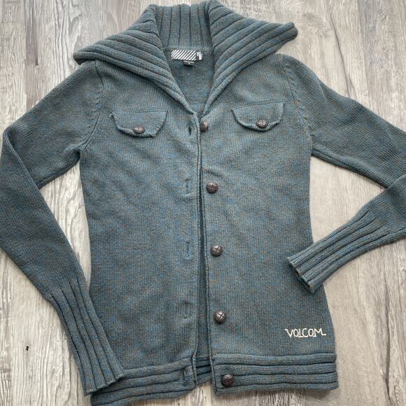 Volcom S Sweater Cardigan Button Up Y2k Vintage Collar Teal Womens size Small - Picture 14 of 14